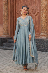 Grey Regal Embroidered Kurta Set with Dupatta