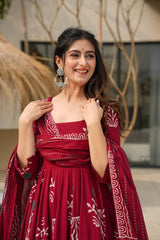 Red Ethnic Printed Anarkali Kurta Set with Dupatta for Women