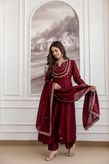 Maroon Regal Embroidered Kurta Set with Dupatta