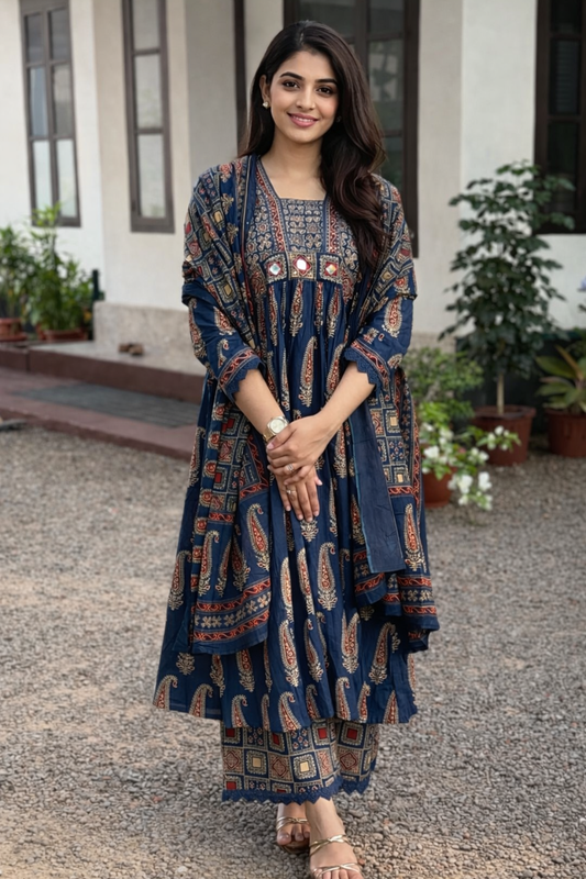Elegant Blue Printed Cotton Kurta Set with Dupatta