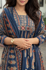 Elegant Blue Printed Cotton Kurta Set with Dupatta