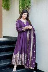 Royal Purple Banarasi Anarkali Suit Set With Zari Border Dupatta