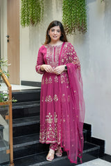 Wine Pink Embroidered Anarkali Suit Set with Dupatta