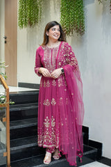 Wine Pink Embroidered Anarkali Suit Set with Dupatta