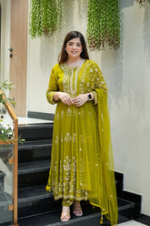 Green Embroidered Anarkali Suit Set with Dupatta