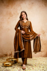 Brown Regal Embroidered Kurta Set with Dupatta