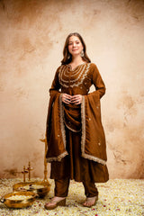 Brown Regal Embroidered Kurta Set with Dupatta