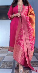 Fuchsia Pink Embroidered Silk Salwar Suit with Banarasi Silk Dupatta