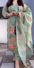 Mint Green Peacock Floral Printed Kurta Pant Dupatta Set for Women