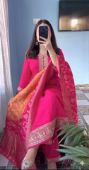 Fuchsia Pink Embroidered Silk Salwar Suit with Banarasi Silk Dupatta