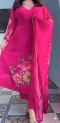 Elegant Pink Floral Printed Anarkali Suit Set with Dupatta