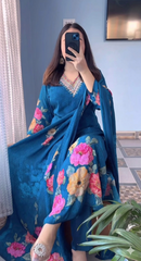 Elegant Deep Blue Floral Printed Anarkali Suit Set with Dupatta