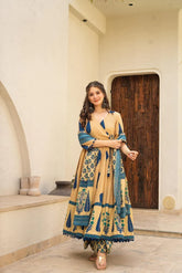 Beige & Blue Printed Anarkali Kurta Set with Dupatta for Women