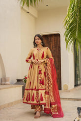 Beige & Red Printed Anarkali Kurta Set with Dupatta for Women
