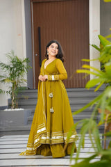 Elegant Mustard Green Flared Anarkali Kurta Set with Matching Dupatta