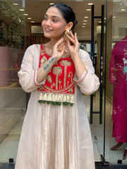 Red & Ivory Embroidered Anarkali Suit Set with Striped Tissue Dupatta