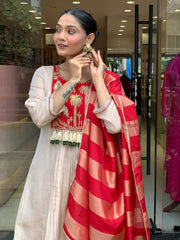Red & Ivory Embroidered Anarkali Suit Set with Striped Tissue Dupatta