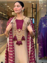 Elegant Beige & Wine Embroidered Kurta Pant Set with Striped Dupatta for Women