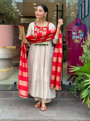 Red & Ivory Embroidered Anarkali Suit Set with Striped Tissue Dupatta