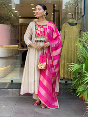 Pink & Ivory Embroidered Anarkali Suit Set with Striped Tissue Dupatta