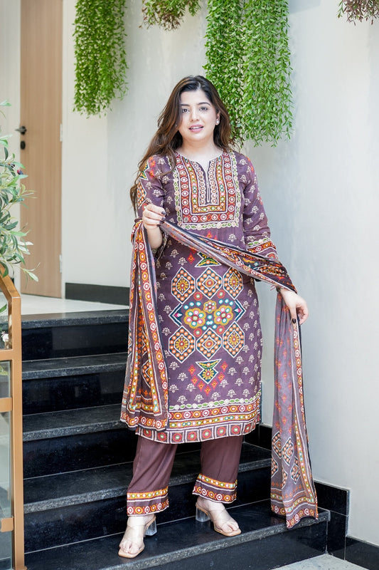 Chic Brown Ethnic Printed Kurta Set with Dupatta