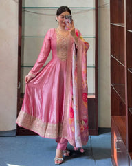 Peach Floral Printed Anarkali Kurta Set with Dupatta for Women