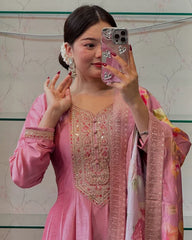 Peach Floral Printed Anarkali Kurta Set with Dupatta for Women