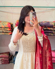 White Floral Printed Anarkali Kurta Set with Dupatta for Women