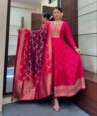 Pink Floral Printed Anarkali Kurta Set with Dupatta for Women