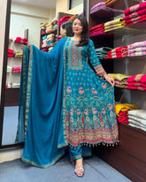 Teal Blue Floral Printed Anarkali Kurta Set with Dupatta for Women