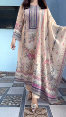 Beige Floral Printed & Embroidered Kurta Set with Dupatta