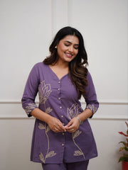 Women’s Lavender Embroidered Cotton Blend Kurti Pant Co-Ord Set