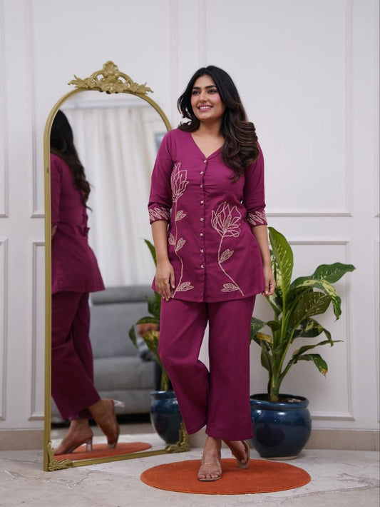 Women’s Purple Embroidered Cotton Blend Kurti Pant Co-Ord Set