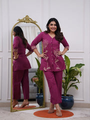 Women’s Purple Embroidered Cotton Blend Kurti Pant Co-Ord Set