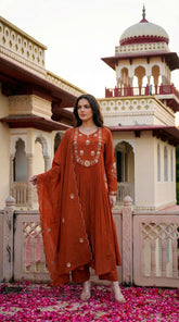 Rust Orange Embroidered Anarkali Kurta Set with Dupatta