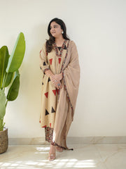 Beige Geometric Printed Kurta Set with Dupatta