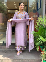 Elegant Lavender Cotton Embroidered Kurta Set with Dupatta