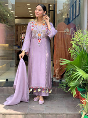 Elegant Lavender Cotton Embroidered Kurta Set with Dupatta