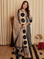 Beige & Black Printed Kurta Set with Dupatta for Women
