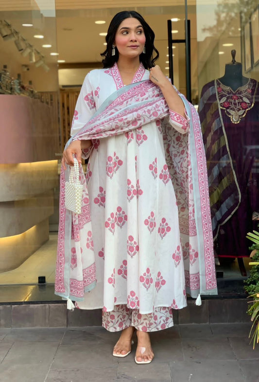 Blush Floral Printed Anarkali Suit Set with Dupatta