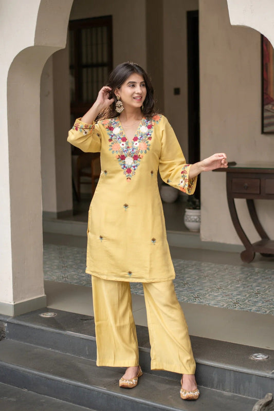 Yellow Embroidered Straight Kurta Set With Pants