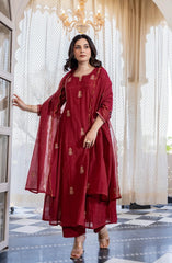 Crimson Embroidered Anarkali Suit Set with Dupatta
