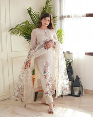 Elegant Floral Printed Cotton Suit Set with Sheer Dupatta
