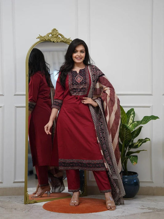 Elegant Wine Red Embroidered Kurta Set with Printed Dupatta