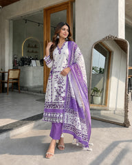 Elegant Lavender & White Printed Salwar Suit Set with Dupatta
