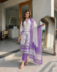 Elegant Lavender & White Printed Salwar Suit Set with Dupatta