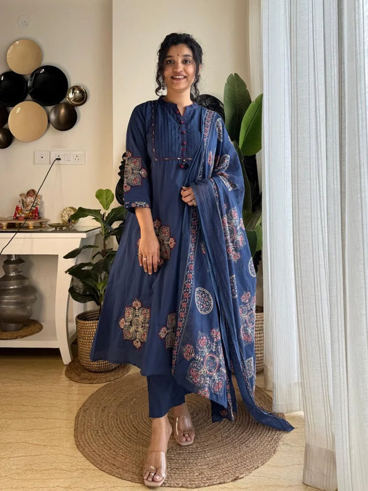 Elegant Navy Blue Printed Anarkali Kurta Set with Dupatta for Women
