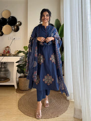 Elegant Navy Blue Printed Anarkali Kurta Set with Dupatta for Women