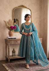 Sky Embroidered Anarkali Suit Set with Dupatta