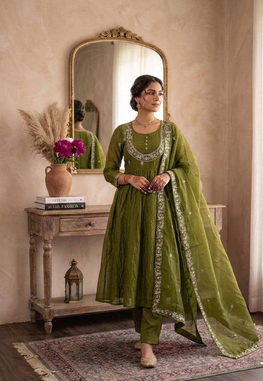 Olive Green Embroidered Anarkali Suit Set with Dupatta